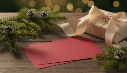 Blank red Christmas card mockup with envelopes, elegant gift box, and festive pine branches on a rustic wooden table