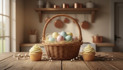 Pastel Easter eggs in a wicker basket flanked by vanilla cupcakes, set on a rustic wooden kitchen table