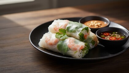 Fresh Vietnamese Summer Rolls with shrimp and herbs, served on a dark plate with savory peanut and chili dipping sauces