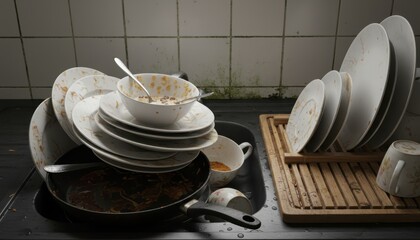 Massive, overflowing pile of dirty dishes stacked precariously in a neglected kitchen sink