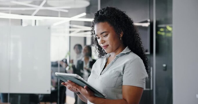 Thinking, typing or woman in office with tablet, draft insight or source feedback for article. Reflection, coworking or journalist with tech, story planning or industry research for publication.