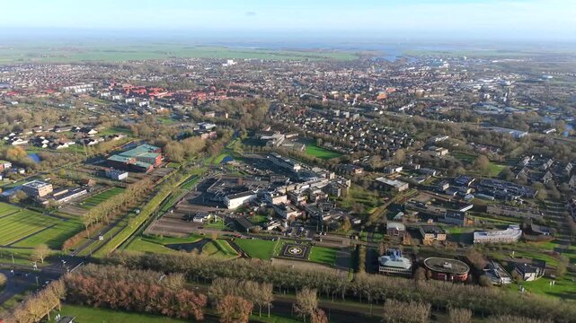 Aerial flyover of Antonius Ziekenhuis hospital in Sneek Friesland Netherlands
