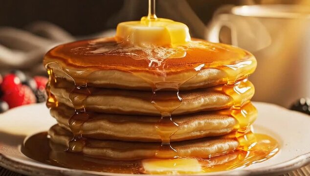 Cinematic shot of fluffy pancake stack with butter melting and syrup flowing, warm breakfast lighting, cozy atmosphere