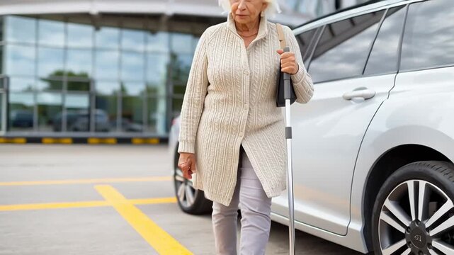 Elderly woman with a cane walking slowly in a parking lot. Senior citizen with mobility issues next to a car. Aging and independence concept