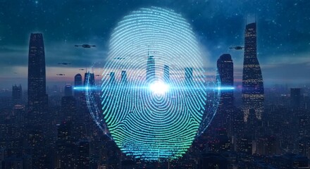 Biometric fingerprint identification overlay above futuristic city skyline with digital scan effect. Technology concept - Powered by Adobe