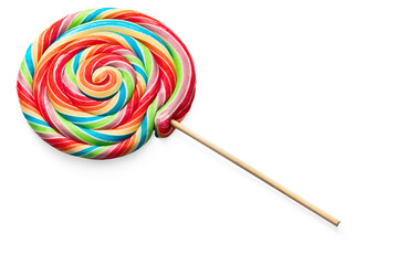 Colorful rainbow lollipop swirl on wooden stick isolated on transparent background