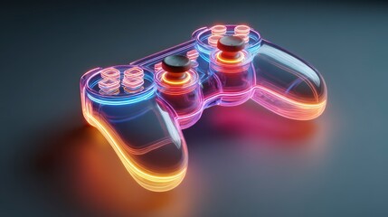 A translucent gaming controller, lit with neon colors, lies on a dark surface, showcasing its ergonomic design and buttons, inviting interactive digital play