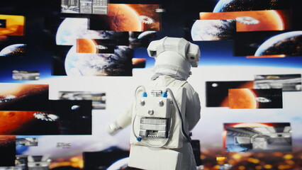 Space man on a cosmic journey mission surrounded by stars and the galaxy, showcasing surreal exploration. Male astronaut with suit and helmet travelling in the universe, outer space. Camera B. © DC Studio