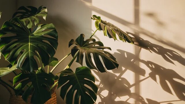 A lush, healthy Monstera plant bathed in warm sunlight, casting intriguing shadows on a wall, creating a serene and natural ambiance