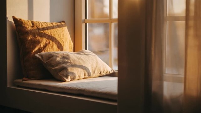 Sunlit Window Seat with Textured Pillows Offers a Cozy and Inviting Space for Relaxation and Quiet Contemplation