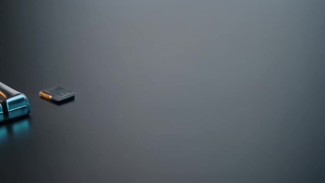 Abstract dark background with a blue and black rectangular electronic device, possibly a data storage or communication gadget, showcasing a minimalist design