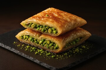 Delicious baklava pastry with pistachio filling on a black slate plate, golden brown and appetizing