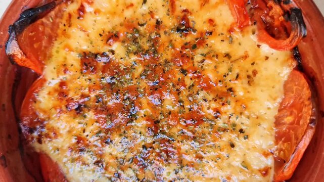 Cheese provolone with olive oil, pepper, tomatos boiling in bowl