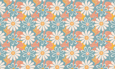 Seamless retro floral pattern, Psychedelic 70s daisy flowers with abstract orange swirls, Vintage groovy textile background