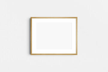 Horizontal frame mockup 5:4, 4:5 landscape. Single oak wood frame mockup. Clean, modern, minimalist, bright. Passepartout/mat opening in 4:3 aspect ratio.