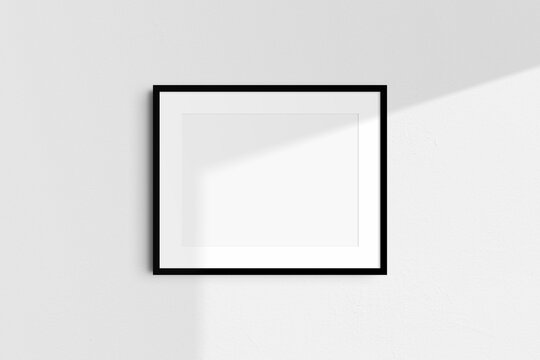 Horizontal frame mockup 5:4, 4:5 landscape. Single black frame mockup. Clean, modern, minimalist, bright. Passepartout/mat opening in 4:3 aspect ratio. Shadow overlay.