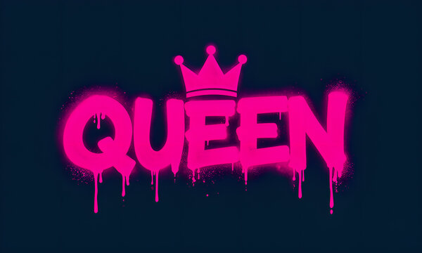 Bright pink spray paint 'QUEEN' graffiti with dripping effect on dark blue background