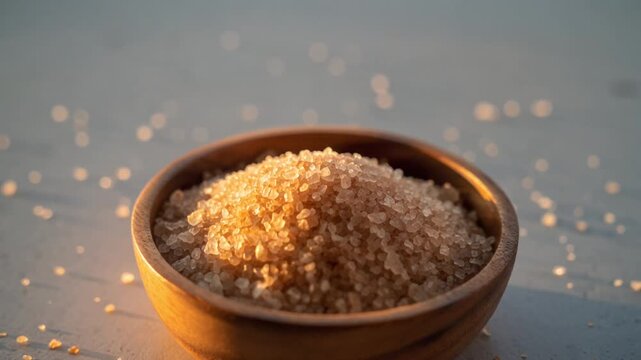 Closeup shot of coarse brown sugar crystals in a wooden bowl bathed in soft, warm sunlight, with scattered grains on a textured surface, evoking a sense of natural sweetness and culinary preparation