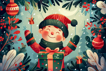 Playful character design Christmas greeting card featuring a cheerful child with a gift