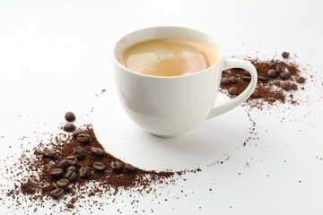 Obraz premium Aromatic ground coffee, beans and cup of hot drink on white background, closeup