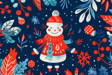 Playful character design featuring a cheerful snowman on a festive Christmas greeting card