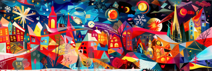 Traditional Christmas greeting card designed in neo-plasticism style with vibrant colors