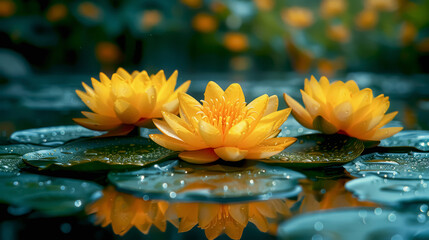 Vibrant yellow lotus flowers bloom on tranquil waters under soft sunlight