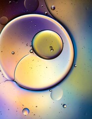 Abstract macro shot of oil and water droplets creating colorful, translucent spheres and organic patterns with vibrant gradients of purple, yellow, and blue.