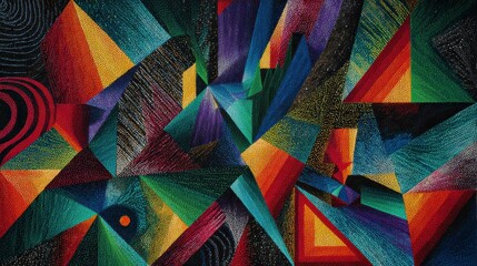 A vibrant abstract composition with a geometric pattern, featuring a kaleidoscope of colors and angular shapes. The texture is textured