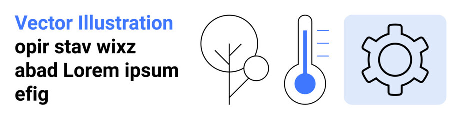 Minimalistic tree icon, thermometer with temperature rise, and gear symbol. Ideal for environment, climate change, science, conservation, ecology, technology simple landing page