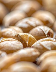 Macro shot of golden brown grains with visible husks, arranged in rows, showcasing their natural texture and detail.