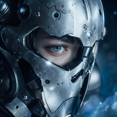 a female wearing a futuristic, detailed metallic helmet with various attachments and lenses, set against a blurred, dark background with some light sources.