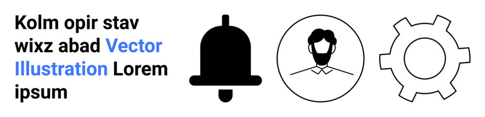 Black notification bell, user avatar in circle, and gear icon for workflow, notifications, user profile, app settings. Ideal for interface, technology, productivity management development simple