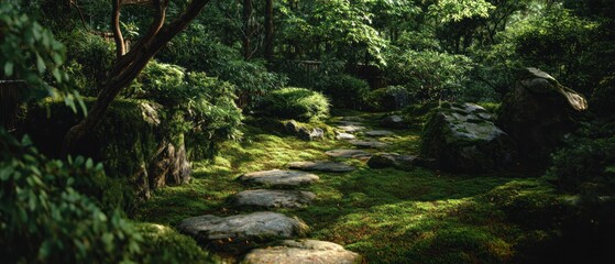 Fototapeta premium Stone path in a lush green forest