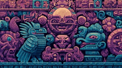 A vibrant artistic depiction of ancient, stylized reliefs featuring avian creatures and geometric patterns