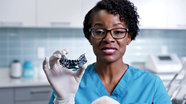 Woman in scrubs holding dental mold and pointing healthcare medical professional close up shot
