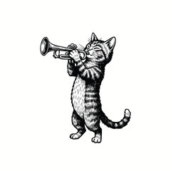 Charming Black and White Sketch of a Striped Cat Standing Upright Playing a Small Brass Trumpet.