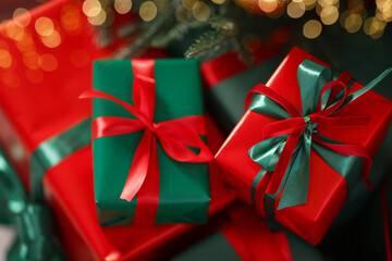 Many gift boxes under Christmas tree indoors, above view