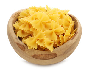 Raw farfalle pasta in wooden bowl isolated on white