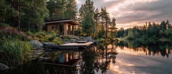 Wooden cabin on lake reflection nature dusk