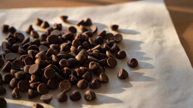 A pile of dark chocolate chips scattered on a piece of parchment paper, ready for baking and dessert preparation