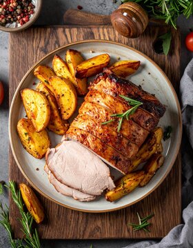 Ganzes, im Ofen ger&ouml;stetes Schweinelachsfilet mit goldbraunen Ofenkartoffelspalten