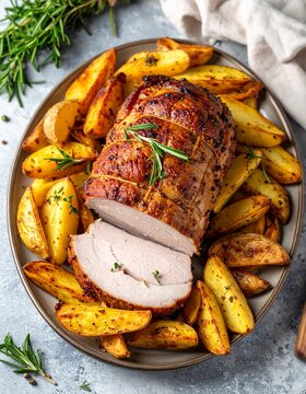 Ganzes, im Ofen ger&ouml;stetes Schweinelachsfilet mit goldbraunen Ofenkartoffelspalten