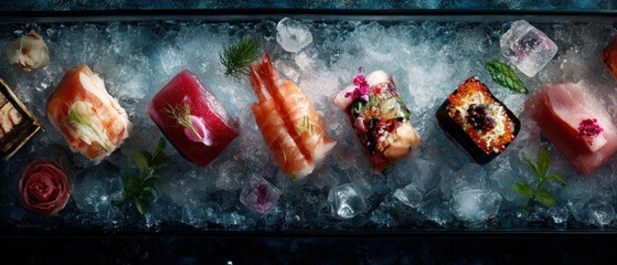 Assorted sushi and seafood on ice
