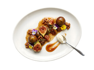 Deliciously Plated Dessert Featuring Fresh Figs, Nuts, and a Creamy Garnish in Culinary Art Display
