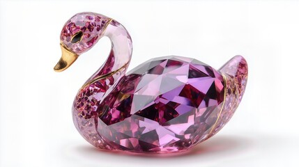 Shiny pink gemstone swan figurine with golden beak on white background.