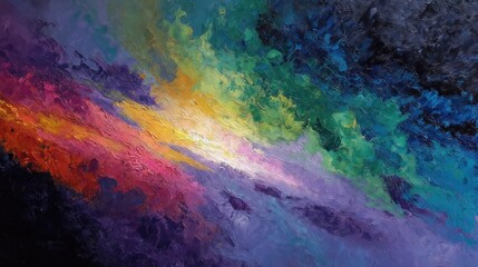 Obraz premium Abstract rainbow-colored oil painting resembling cosmic sky and light burst.