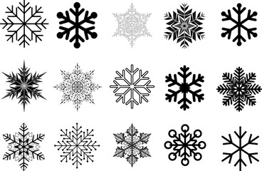 Black Snowflakes Icon Set – Minimal and Decorative Winter Snowflake Vectors