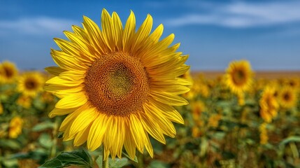 Fototapeta premium A vibrant, close-up shot of a sunflower in full bloom, with a field of sunflowers and a blue sky in the background