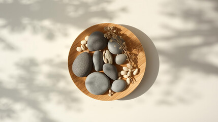 flat-lay sustainable living concept with a bamboo plate holding natural elements and thoughtfully arranged river stones.